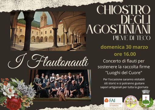 Pieve di Teco: al  Chiostro degli Agostiniani concerto di flauti per sostenere la  raccolta firma Fai “I luoghi cuore”