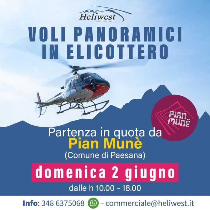Pian Munè: 2 giugno – Voli panoramici in elicottero Pian Munè: 2 giugno – Voli panoramici in elicottero