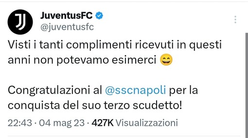tweet della Juventus sul Napoli